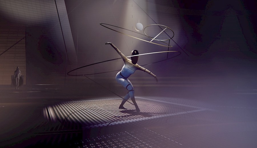 Tänzerin umgeben von Ringen. Grand Prix Digital für 100 Jahre Bauhaus "Das Totale Tanz Theater" im Auftrag von Interactive Media Foundation, Agentur Interactive Media Foundation, Artificial Rome